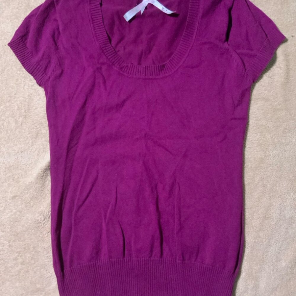 Derek Heart Women Large Cute Plum Purple‎ Knit Short Sleeve Round Low Neck Top